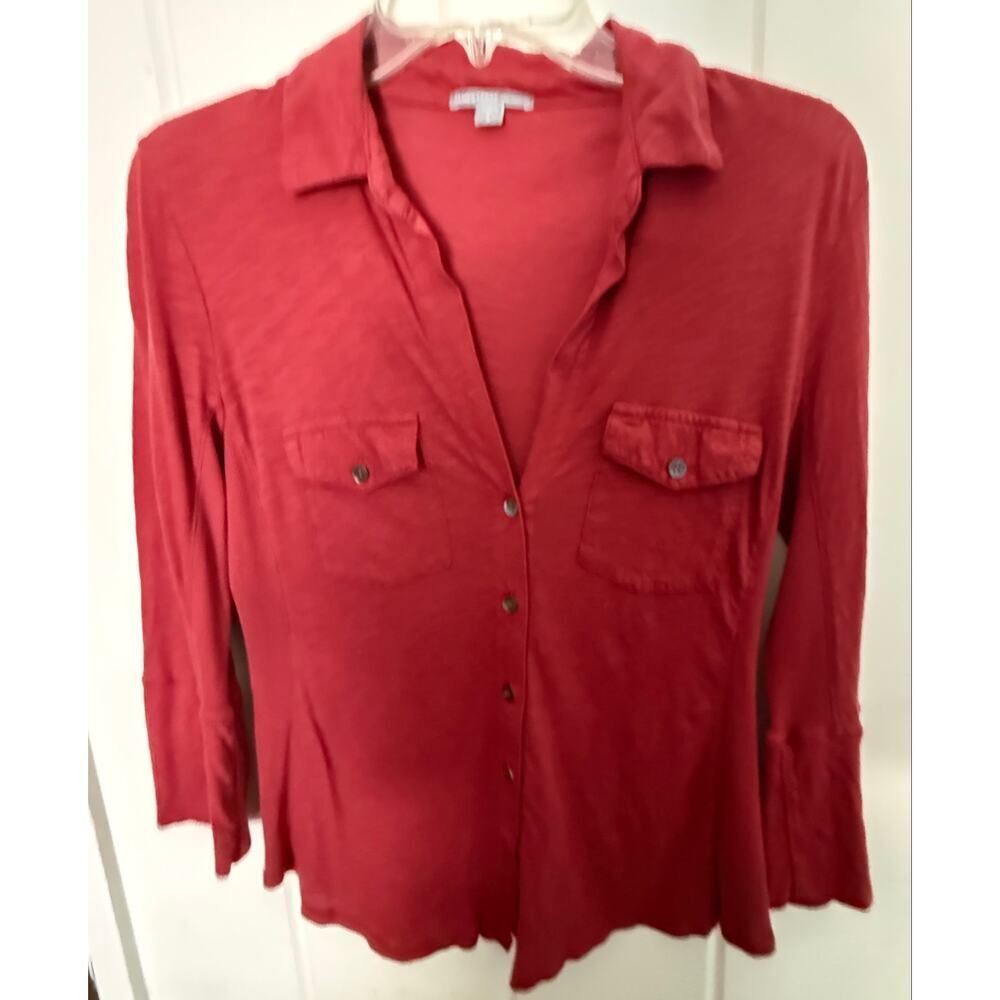 James Perse Standard Slub Cotton Button Down Shirt Red 3/4 Sleeve WUA3042 Size 2